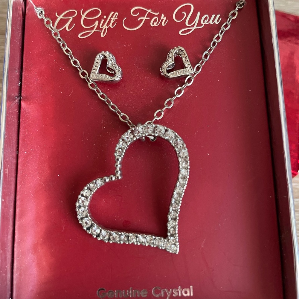 Heart-Shaped Crystal Necklace and Earrings Set